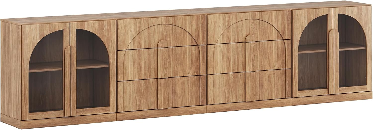 BELLEZE 4-Piece Modular Sideboard Buffet Cabinet Freely Configurable, Glass Door Storage with Adjustable Shelf and 3-Drawer Storage, Media Console Credenza for Living Room Kitchen, Camel