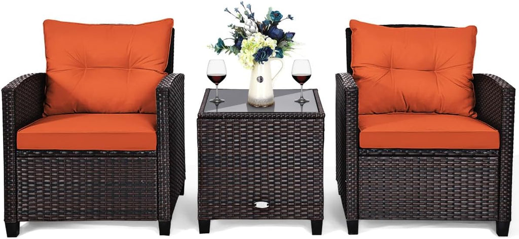 Tangkula 3 Pieces Patio Furniture Set, PE Rattan Wicker 3 Pcs Outdoor Sofa Set w/Washable Cushion and Tempered Glass Tabletop, Conversation Furniture for Garden Poolside Balcony (Orange)