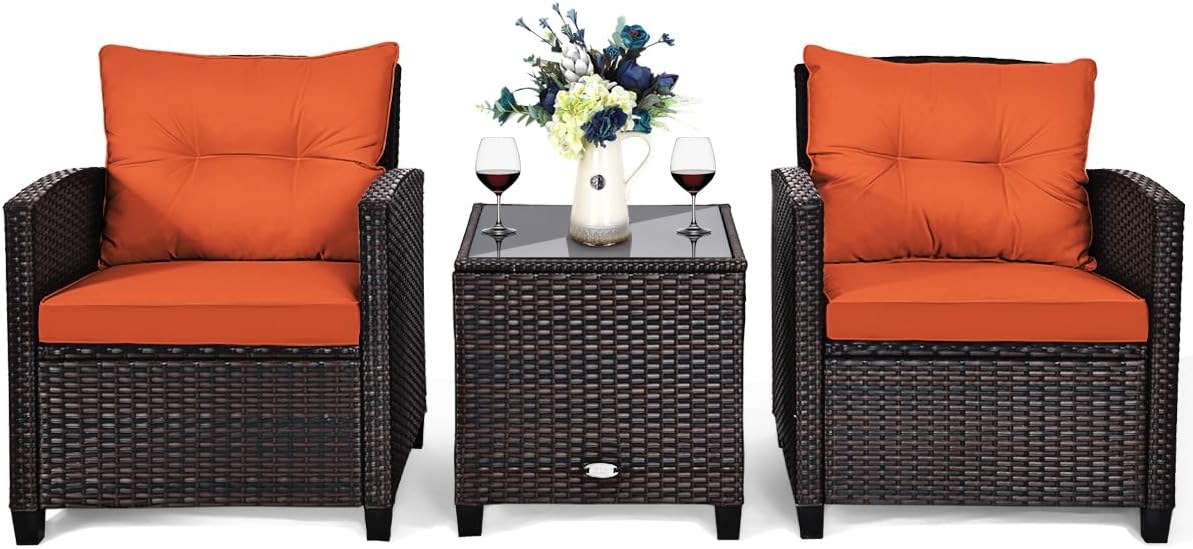 Tangkula 3 Pieces Patio Furniture Set, PE Rattan Wicker 3 Pcs Outdoor Sofa Set w/Washable Cushion and Tempered Glass Tabletop, Conversation Furniture for Garden Poolside Balcony (Orange)