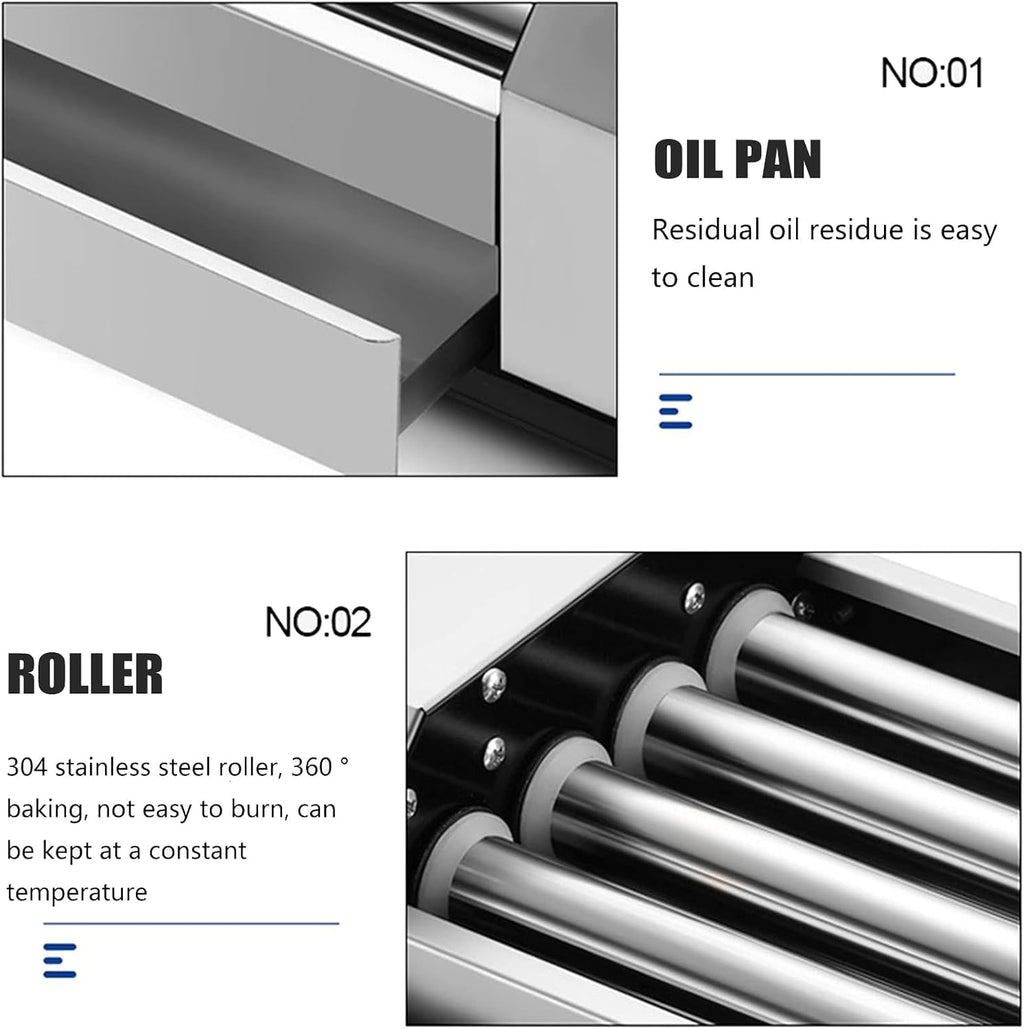 Hot Dog Roller, 4 Rollers 8 Hot Dogs Capacity 600W Stainless Sausage Grill Cooker Machine with 0-250℃ Control Knob Automatic Electric Contact Grills Separate Oil Pan