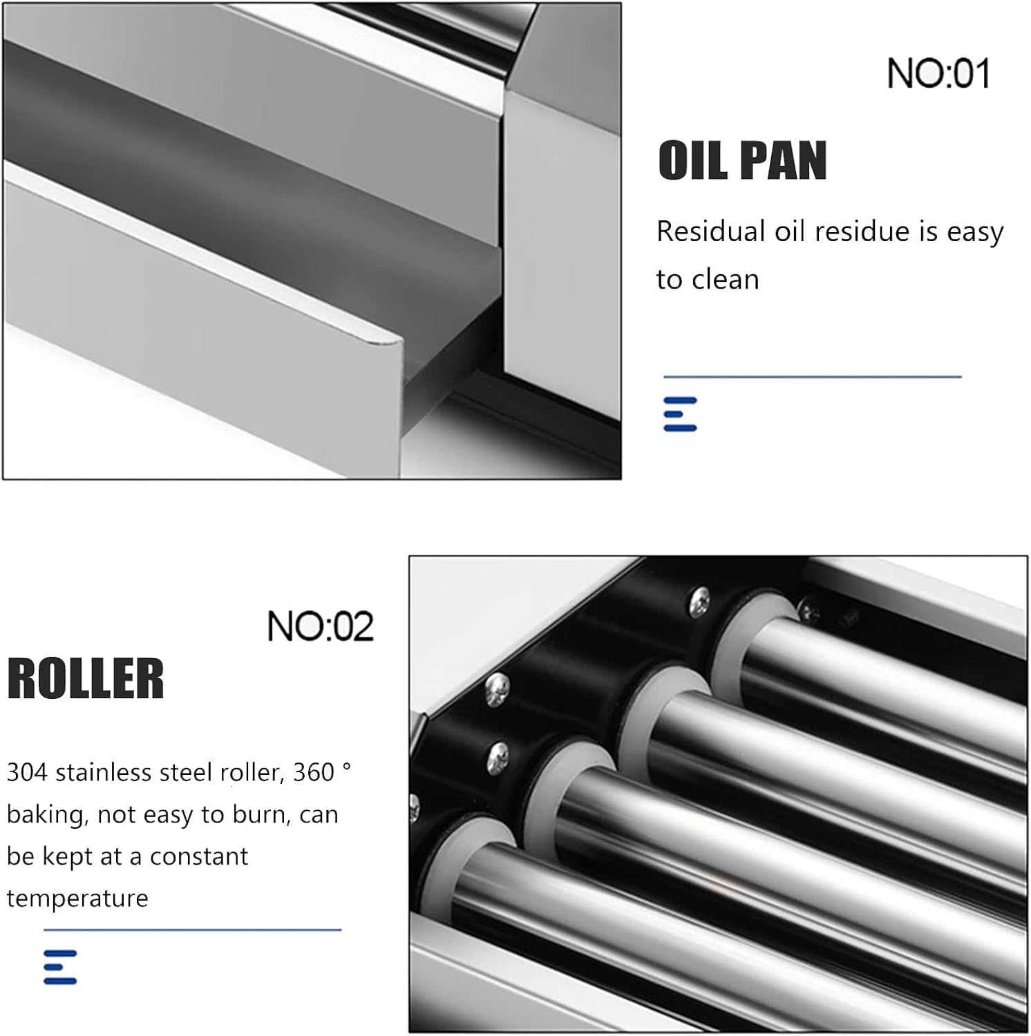Hot Dog Roller, 4 Rollers 8 Hot Dogs Capacity 600W Stainless Sausage Grill Cooker Machine with 0-250℃ Control Knob Automatic Electric Contact Grills Separate Oil Pan