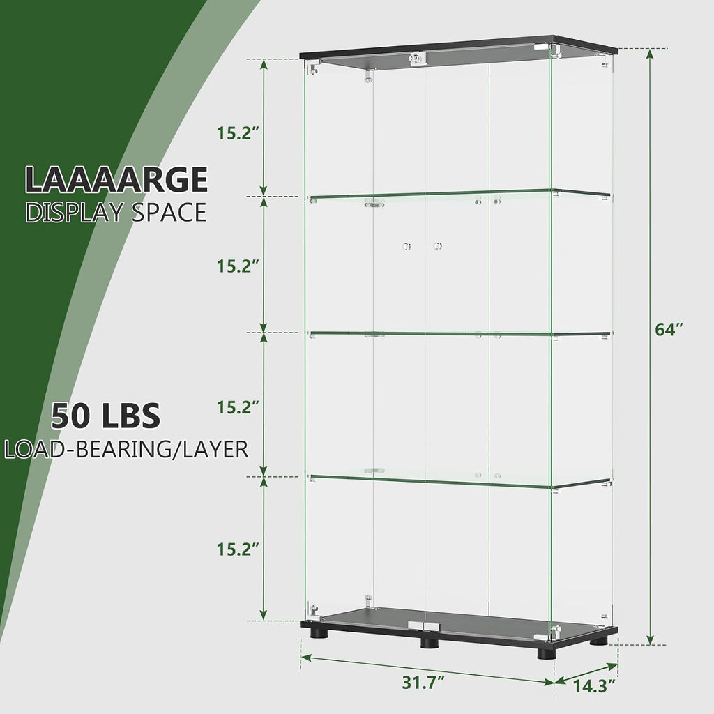 Glass Display Cabinet with 4-Shelf Double Doors and Lock, 5mm Tempered Glass Floor Standing Bookshelf for Living Room, Bedroom, Office, 64 x 31.7 x 14.3 in, Black