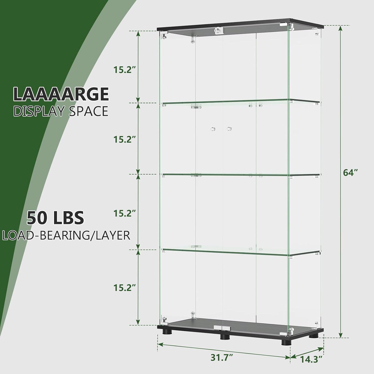 Glass Display Cabinet with 4-Shelf Double Doors and Lock, 5mm Tempered Glass Floor Standing Bookshelf for Living Room, Bedroom, Office, 64 x 31.7 x 14.3 in, Black