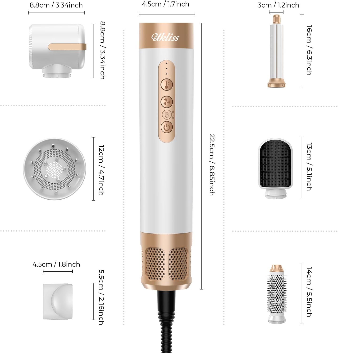 UKLISS Hair Dryer Brush 7 in 1，110000 RPM Hair Dryer with Diffuser for Curly & Twisted Hair Professional Ionic Brush Blow Dryer for Salon-Quality Styling, White Gold