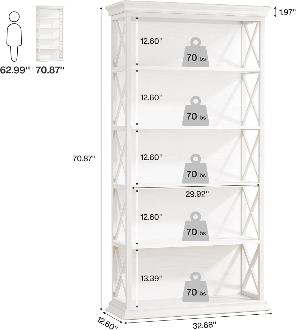 Tribesigns 6-Tier Bookcase, 71 Inches Industrial Bookshelves and Bookcases, Floor Standing 5 Shelf Display Storage Shelves Tall Bookcase for Home Office, Living Room, Bed Room, White