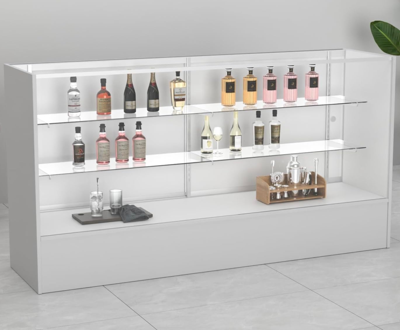 WISDOMFUR Full Vision Display Cabinet – 72' Glass Showcase with LED Light, Adjustable Shelves, Locking Sliding Doors – Retail Display Counter with White Wood Base