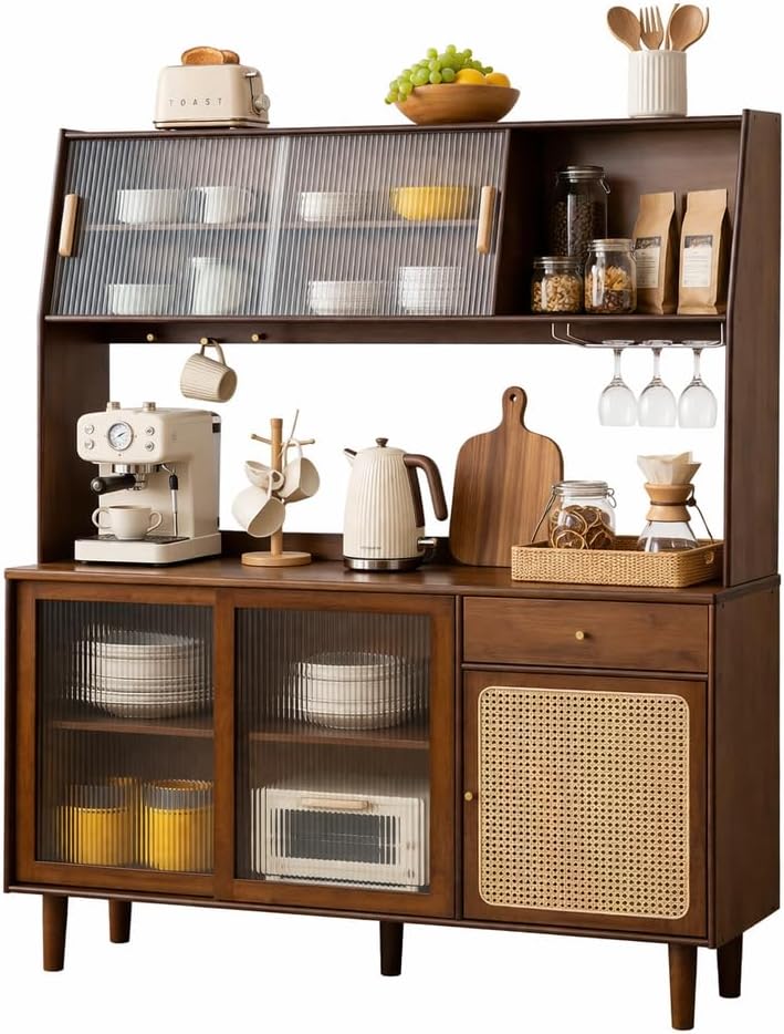 Welnown Kitchen Hutch Cabinet with Countertop, 69' Tall Pantry Storage Cabinet, Rattan Solid Wood Buffet Sideboard, Entryway Storage Table for Living Room, Dining Room, Walnut