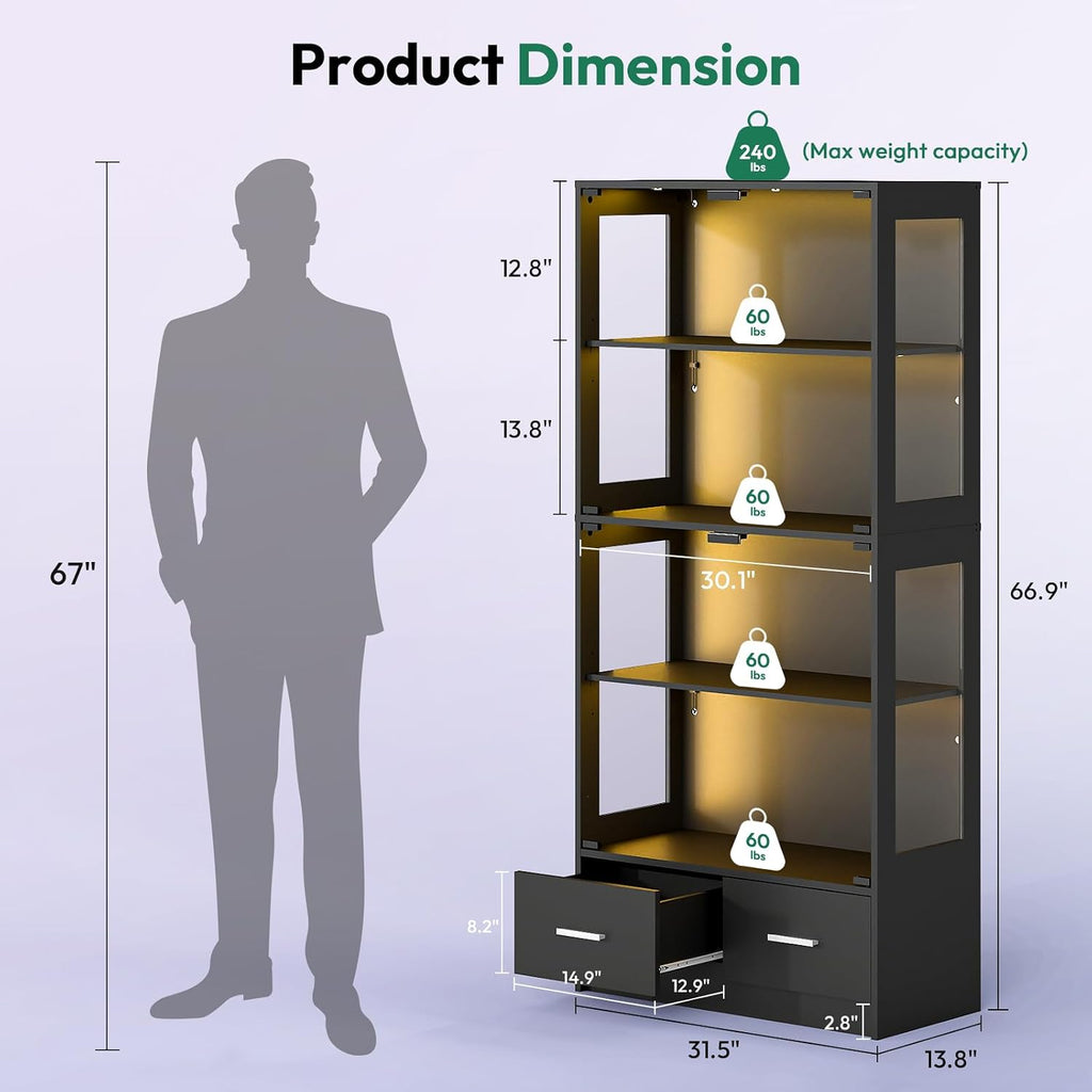 Lamtor 67-inch Glass Display Cabinet – Curio Cabinet with RGB LED Lights, 2 Drawers & Anti-Tip Design for Collectibles, Figures, Living Room | Black