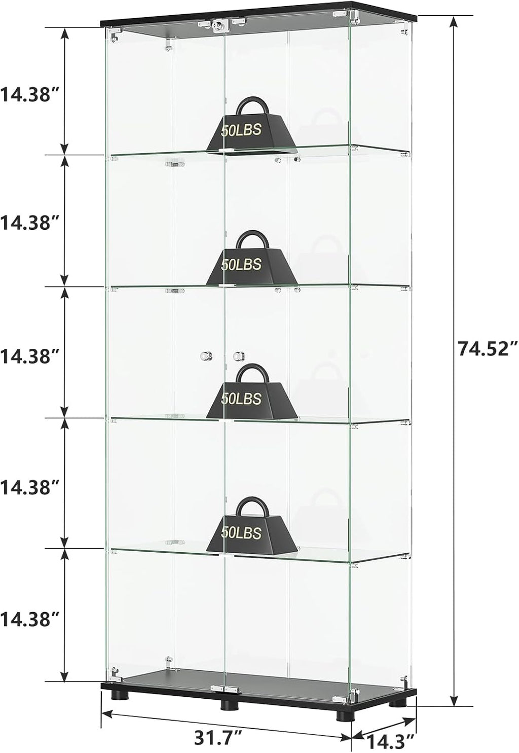 ROOMTEC Glass Display Cabinet with 5 Shelves, Double Doors, Floor Standing Display Cage, for Living Room Bedroom Office, 74.5 x 31.7 x 14.3 in, Black