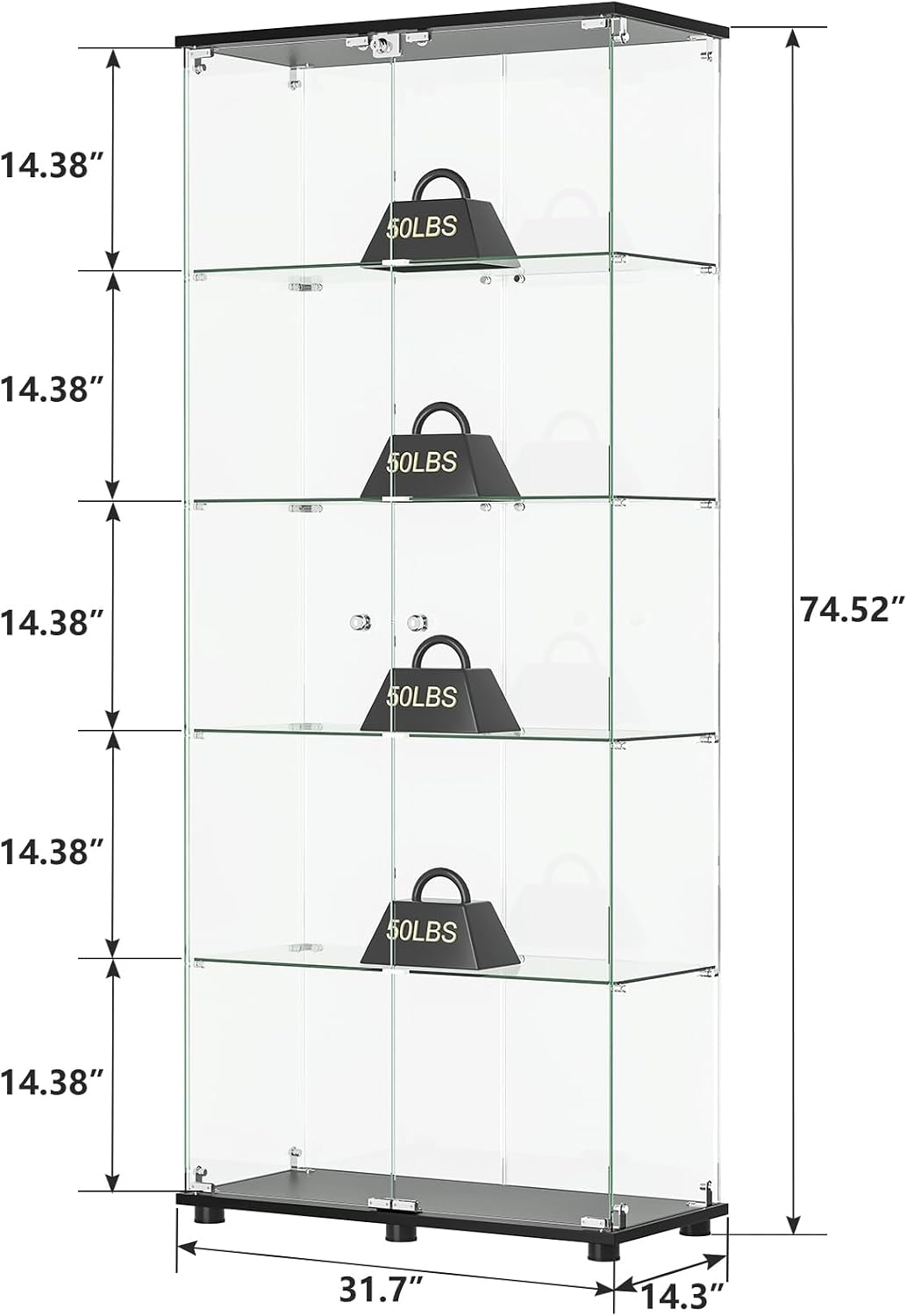 ROOMTEC Glass Display Cabinet with 5 Shelves, Double Doors, Floor Standing Display Cage, for Living Room Bedroom Office, 74.5 x 31.7 x 14.3 in, Black