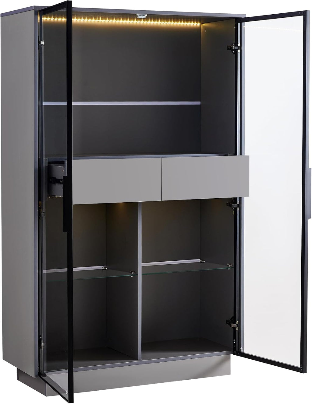 Merax Modern 4 Tier Bookshelf Bookcase with Glass Doors & 2 Drawers, 60.6' Tall Wood Display Cabinet with Adjustable Shelves for Living Room, Bedroom, Office Grey