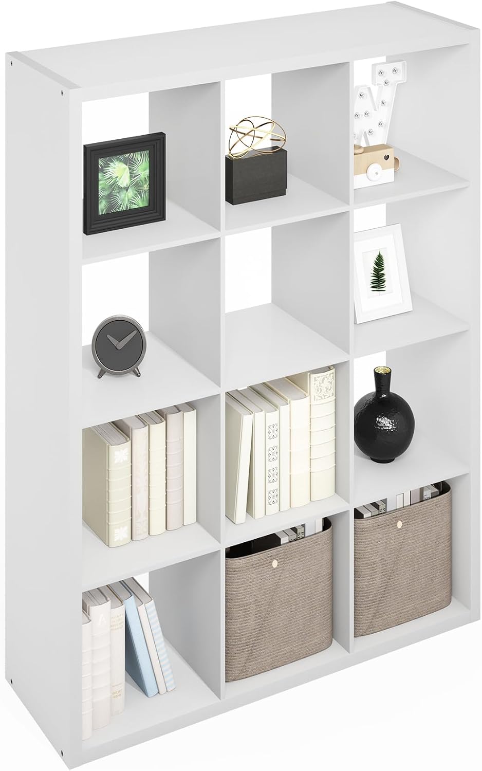 Furinno Simple Cube Storage Organizer, 12-Cube Display Shelf, Open Back Shelving Unit, Storage Shelves, Extra Thick Frame, for Organization and Storage, Living Room, Home Office, White