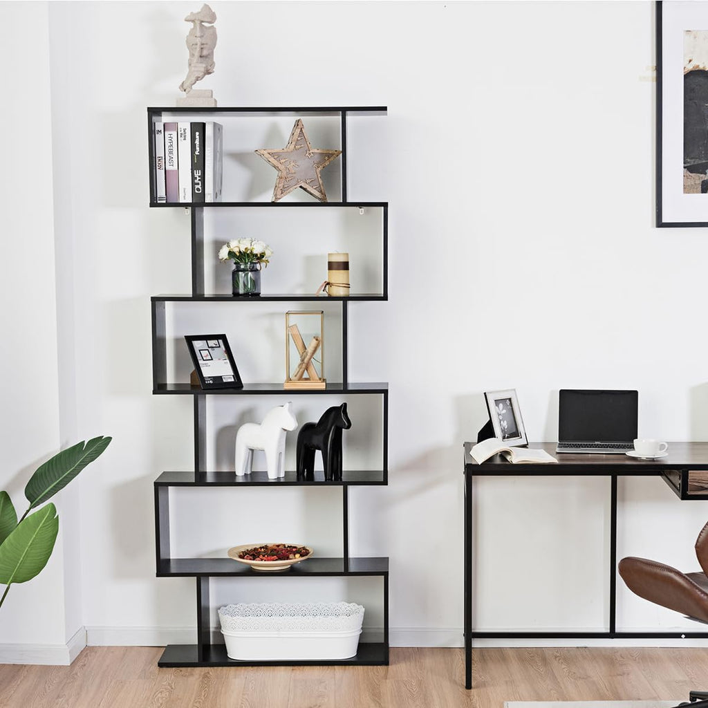 Tangkula 6-Tier Geometric Bookcase, Modern S-Shaped Storage Display Bookshelf for Living Room, Anti-Toppling Device, Home Office Wooden 6 Shelf Open Bookcase (2, Black)