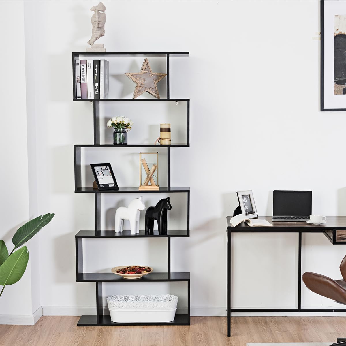 Tangkula 6-Tier Geometric Bookcase, Modern S-Shaped Storage Display Bookshelf for Living Room, Anti-Toppling Device, Home Office Wooden 6 Shelf Open Bookcase (2, Black)