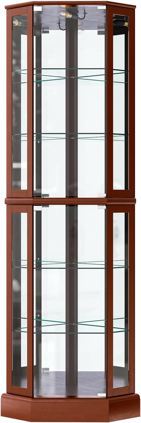 BELLEZE Lighted Corner Display Curio Cabinet,72' Tall Wooden Curved Shelving Unit with Tempered Glass Door, Bar and Liquor Storage Area with 6 Shelves - Ashfield (Walnut)