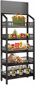 5 Tier Retail Display Rack, Snack Organizer Stand With Wheels & Hooks, Candy Potato Chip Metal Wire Display Shelf Cart for Supermarket and Home Kitchen, Black