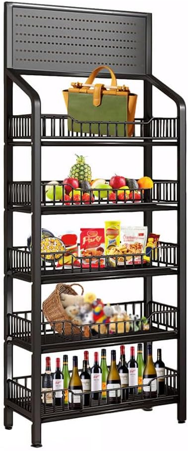 5 Tier Retail Display Rack, Snack Organizer Stand With Wheels & Hooks, Candy Potato Chip Metal Wire Display Shelf Cart for Supermarket and Home Kitchen, Black