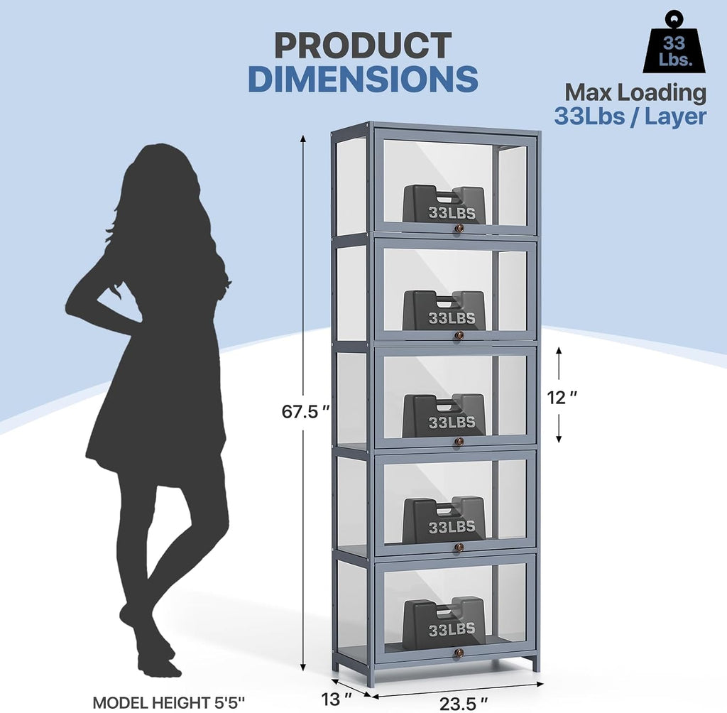 Magshion Display Cabinet, 5-Tier Curio Cabinet with Acrylic Doors, 67.5' Tall Curio Display Case, Showcase, Corner Shelf for Living Room, Bedroom, Playroom, Grey, 12.5' D x 23' W x 67.5' H