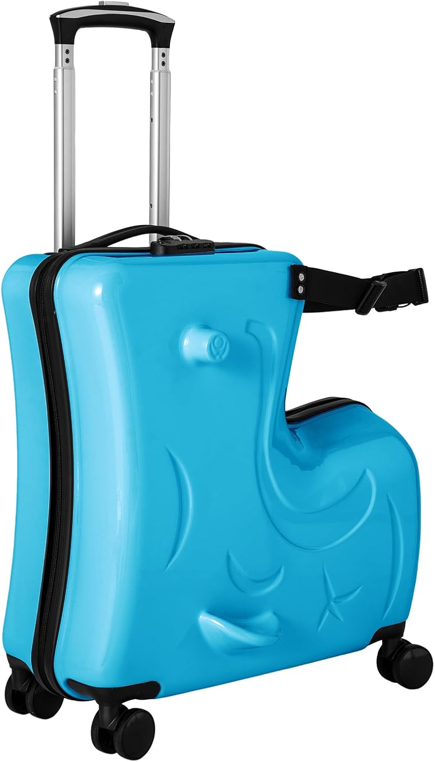 DNYSYSJ 20 Inch Children's Ride On Trolley , Portable Universal Wheel , Carry On Luggage, Waterproof Unisex Boys Girls Travel Suitcase With Lock, ABS+PC (Blue)