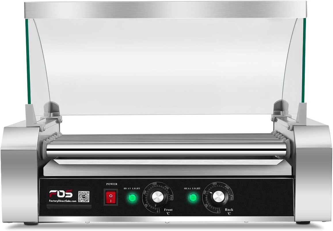 Safstar Commercial 18 Hot Dog 7 Non-Stick Roller Machine, Electric Hot Dog Sausage Grill Cooker Machine with Removable Stainless Steel Drip Tray & Glass Hood Cover, Countertop Hot Dog Roller Warmer