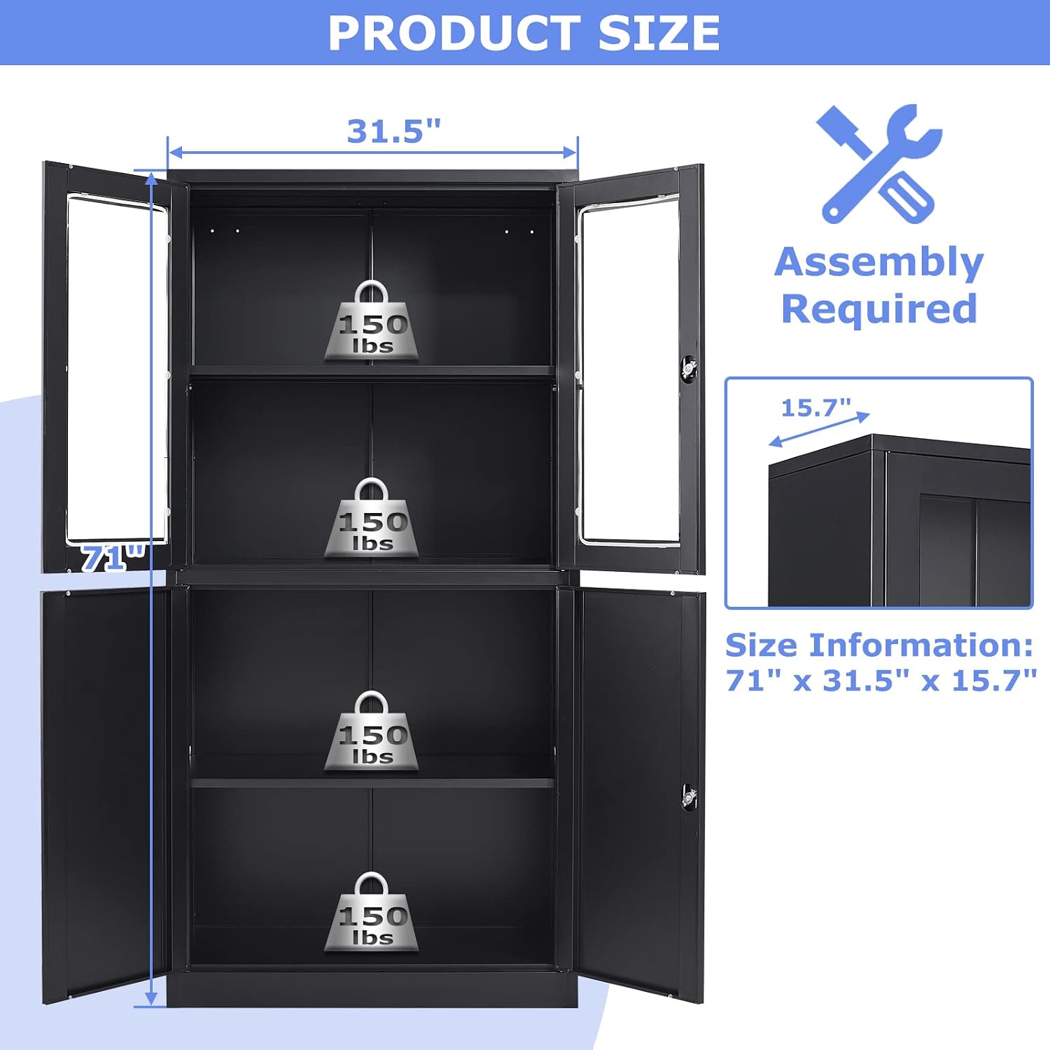 71'H Display Cabinet with Adjustable Shelves, 4 Door Display Cabinets with Glass Door, Black Metal Display case, Locking Steel Storage Caninet for Home/Office/Living Room -Assembly Required