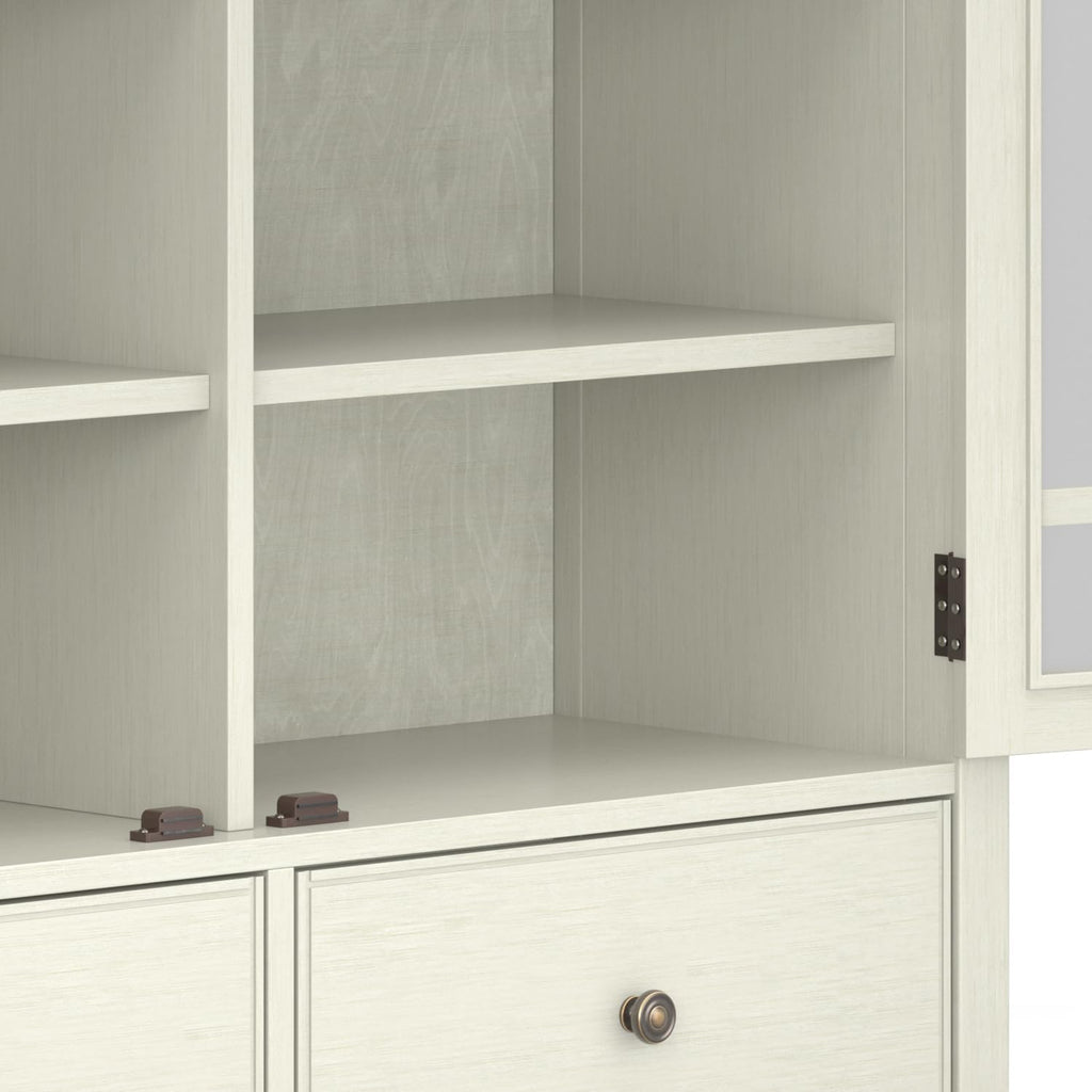 SIMPLIHOME Connaught Storage Cabinet - 46 inch Wide Solid Wood Tall Cabinet in Antique White, Traditional Console for Living Room or Dining Room with Glass Doors, Adjustable Shelves, and Drawers