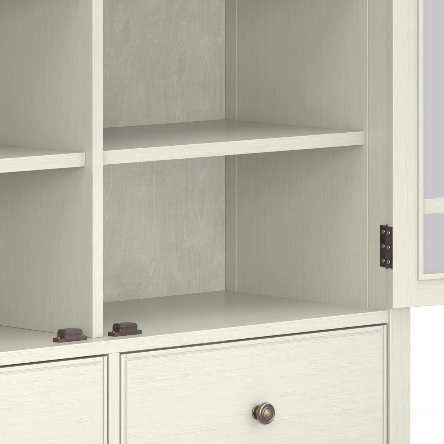 SIMPLIHOME Connaught Storage Cabinet - 46 inch Wide Solid Wood Tall Cabinet in Antique White, Traditional Console for Living Room or Dining Room with Glass Doors, Adjustable Shelves, and Drawers
