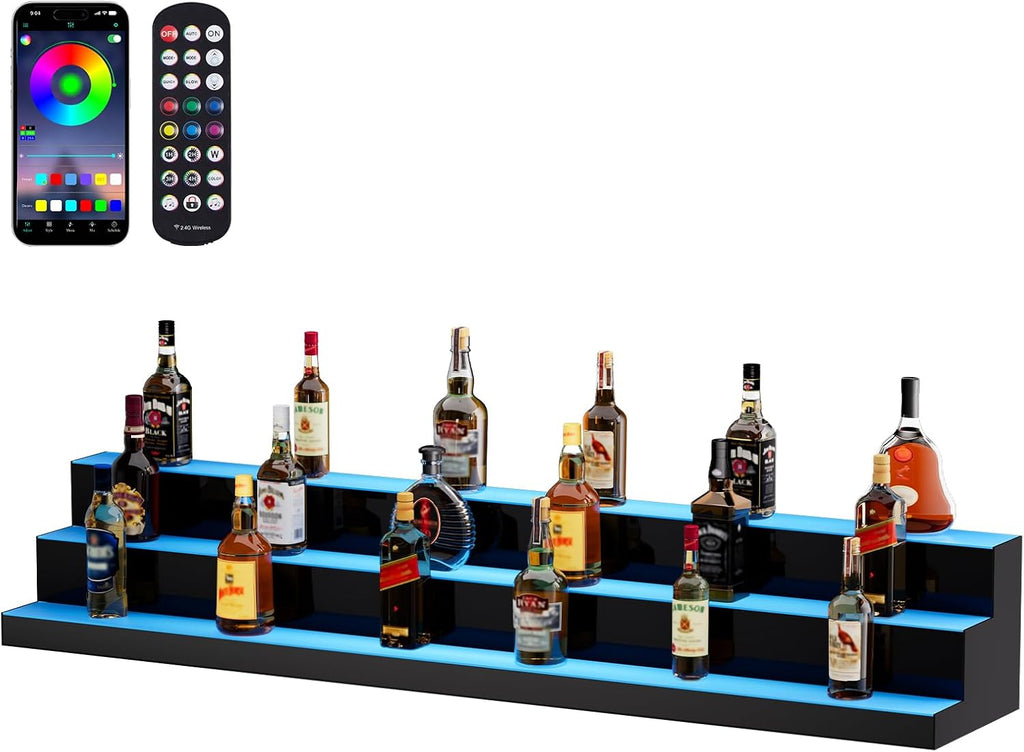 VEVOR LED Lighted Liquor Bottle Display Shelf, 3 Tiers 60 Inches, Supports USB, Illuminated Home Bar Shelf with RF Remote & App Control 7 Static Colors 1-4 H Timing, Acrylic Light Shelf