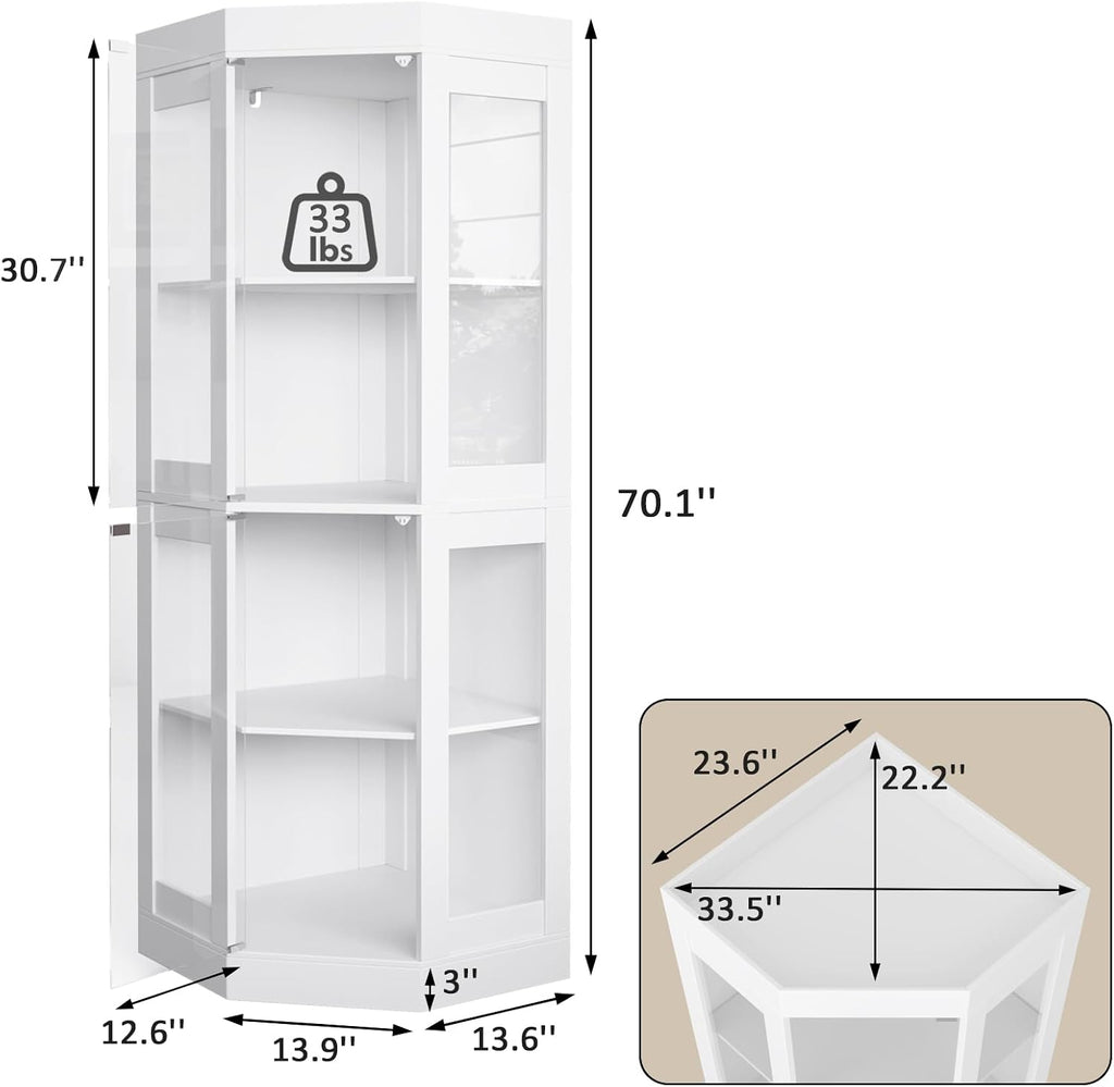 70''H Tall Corner Cabinet with Glass Doors,Farmhouse Storage Cabinet with 4 Shelves & Top Guard Rail,Home Pantry Hutch for Bar,Kitchen, Dining Living Room, Bathroom, White