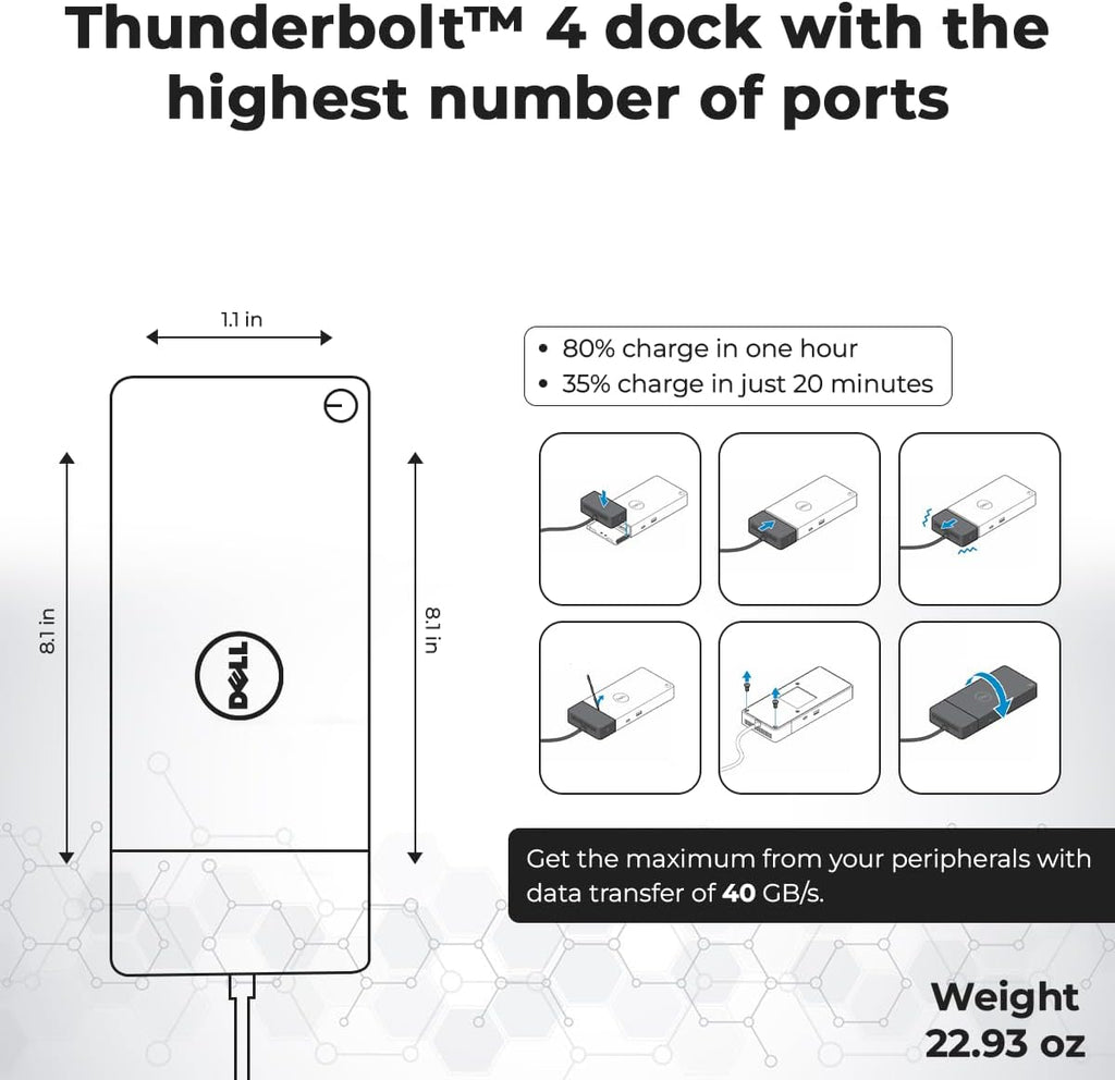 Dell WD22TB4 Thunderbolt 4 Dock - 1 Year Warranty, 40Gbps USB-C/USB A, Dell Docking Station w/ 180W Adapter, HDMI, DisplayPort, USB-C Cables - Supports 4K Displays & Upto 3 Monitors (Renewed)