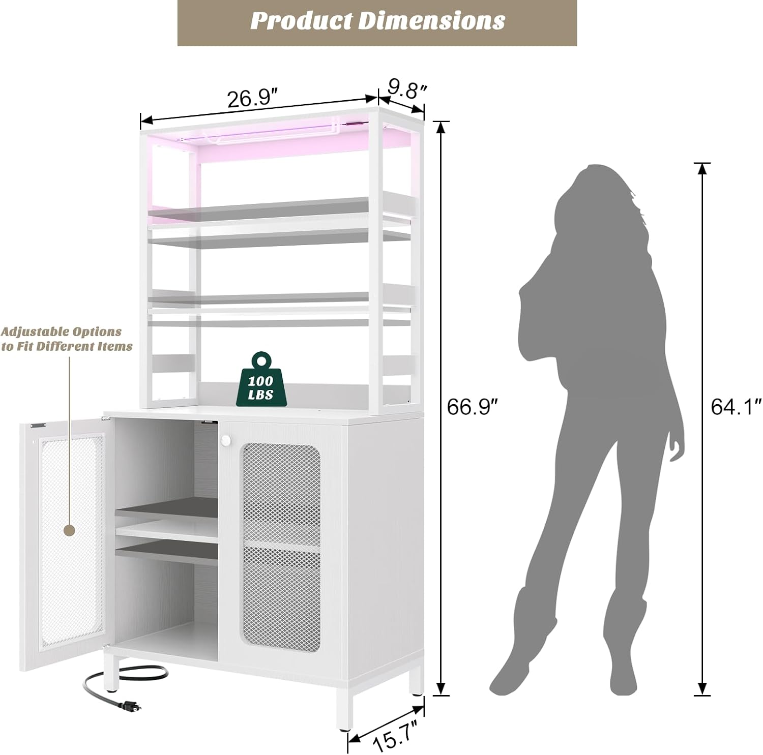 Aheaplus Bar Cabinet with Power Outlets, 67' Tall Wine Bar Cabinet Liquor Cabinet with LED Lights and Glass Holder, Coffee Bar Station for Living Room, Microwave Stand Bakers Rack Cabinet, White