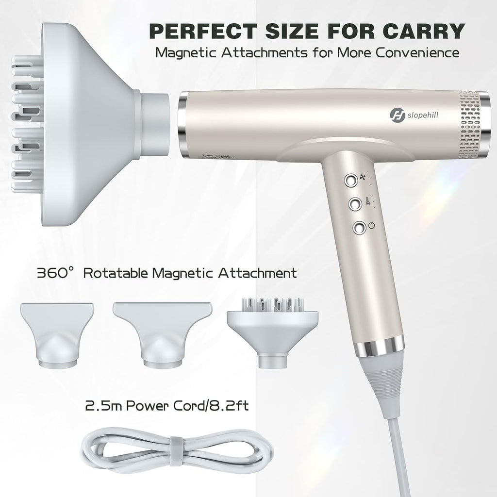 slopehill Professional Hair Dryer with Diffuser, Ionic Hair Dryer,Lightweight Compact Powerful & Fast Salon Blow Dryer with High Speed Brushless Motor, Travel Hairdryer, Women & Men (Ceramic, Stone)
