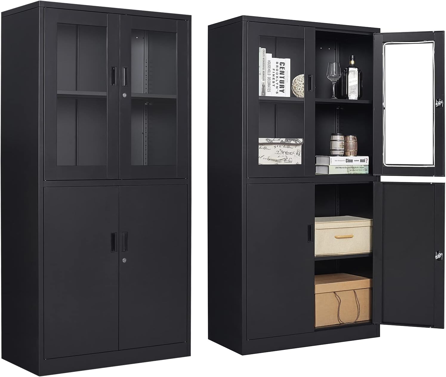 71'H Display Cabinet with Adjustable Shelves, 4 Door Display Cabinets with Glass Door, Black Metal Display case, Locking Steel Storage Caninet for Home/Office/Living Room -Assembly Required