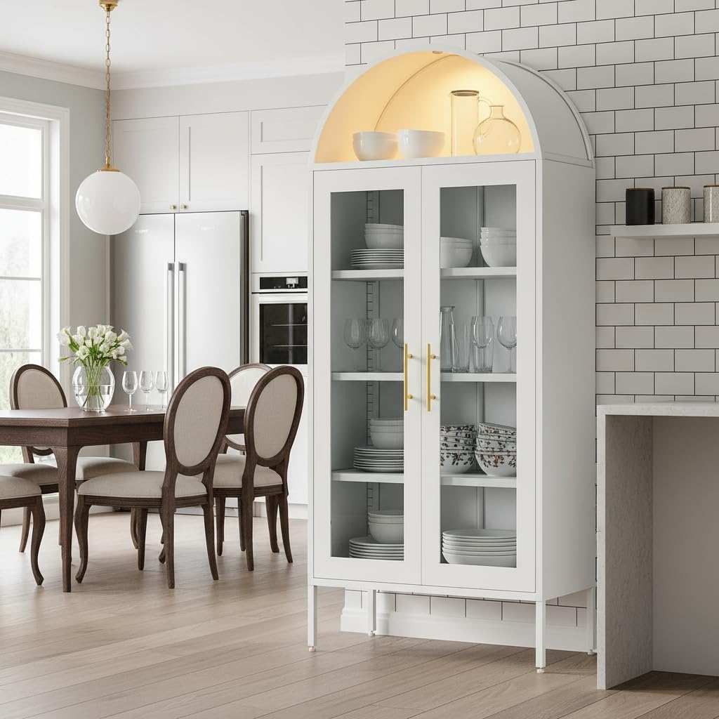 YITAHOME 71' Arched Glass Display Cabinet, Tall Metal Storage Cabinet with Adjustable Shelves and Glass Doors, White