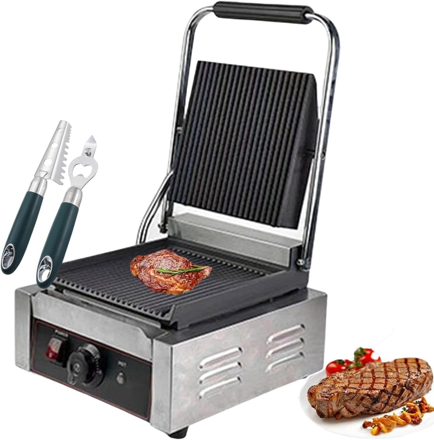 Commercial Sandwich Grill with 1/Fish Scaler & 1/Corkscrew, Electric Sandwich Contact Grill Non-Stick Sandwich Press with 50-300°C Temperature for Restaurant 1800w,grooved