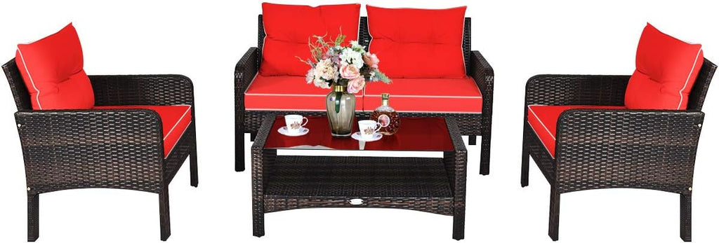 Tangkula 4 Piece Patio Furniture Set, Outdoor Wicker Conversation Set with Glass Top Coffee Table, All Weather Proof and Thick Cushions, Suitable for Porch, Garden, Poolside and Lawn (Red)