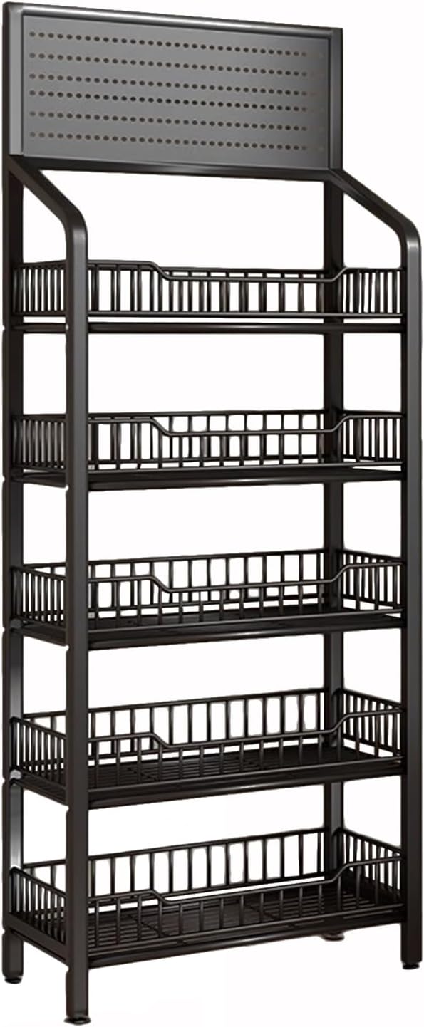 5 Tier Retail Display Rack, Snack Organizer Stand With Wheels & Hooks, Candy Potato Chip Metal Wire Display Shelf Cart for Supermarket and Home Kitchen, Black