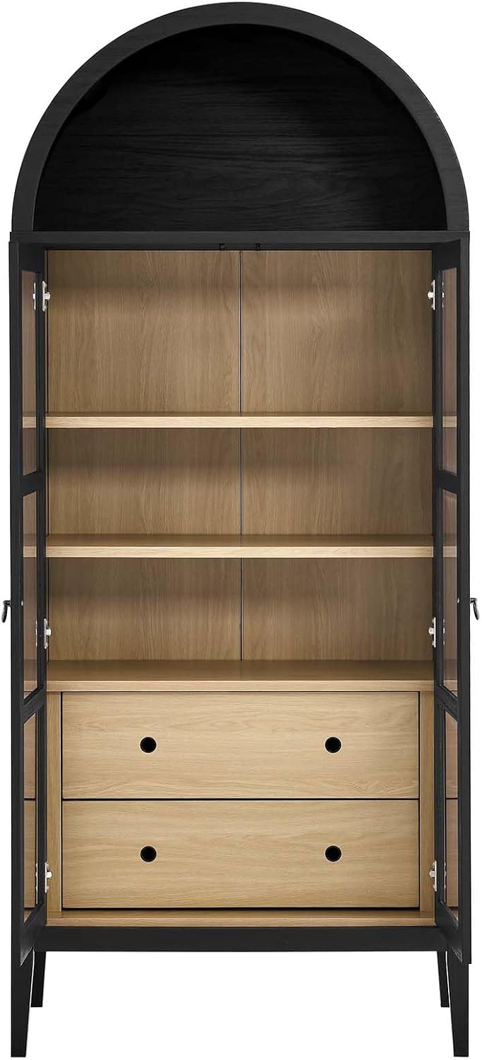 Modway Nolan Modern Farmhouse 71 Inch Tall Arched Storage Display Cabinet in Black Oak