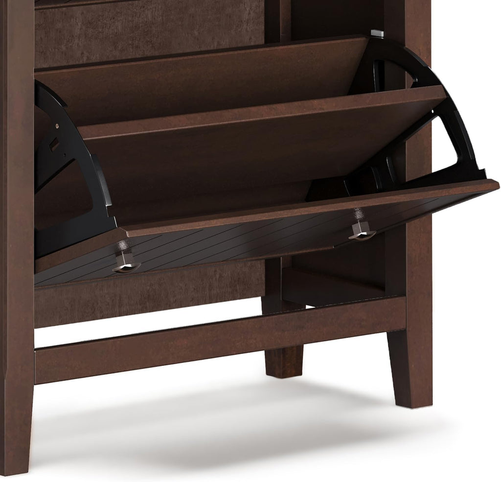 SIMPLIHOME Acadian Storage Cabinet - 32 inch Wide Solid Wood Entryway Shoe Storage Cabinet in Brunette Brown, Transitional Tilt-Out Shoe Organizer for Hallway with Drawer and Brushed Nickel Hardware