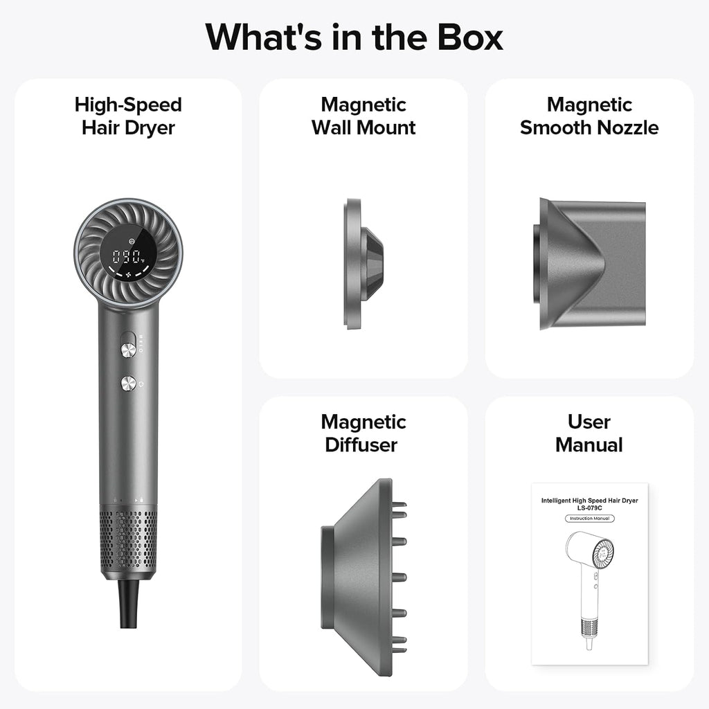 Hair Dryer, 150000 RPM Brushless Motor with 500M Negative Ions, Fast-Dry Lightweight Design, ThermoControl & Magnetic Nozzle/Diffuser, Low Noise Salon Blow Dryer for All Hair, Travel, Home