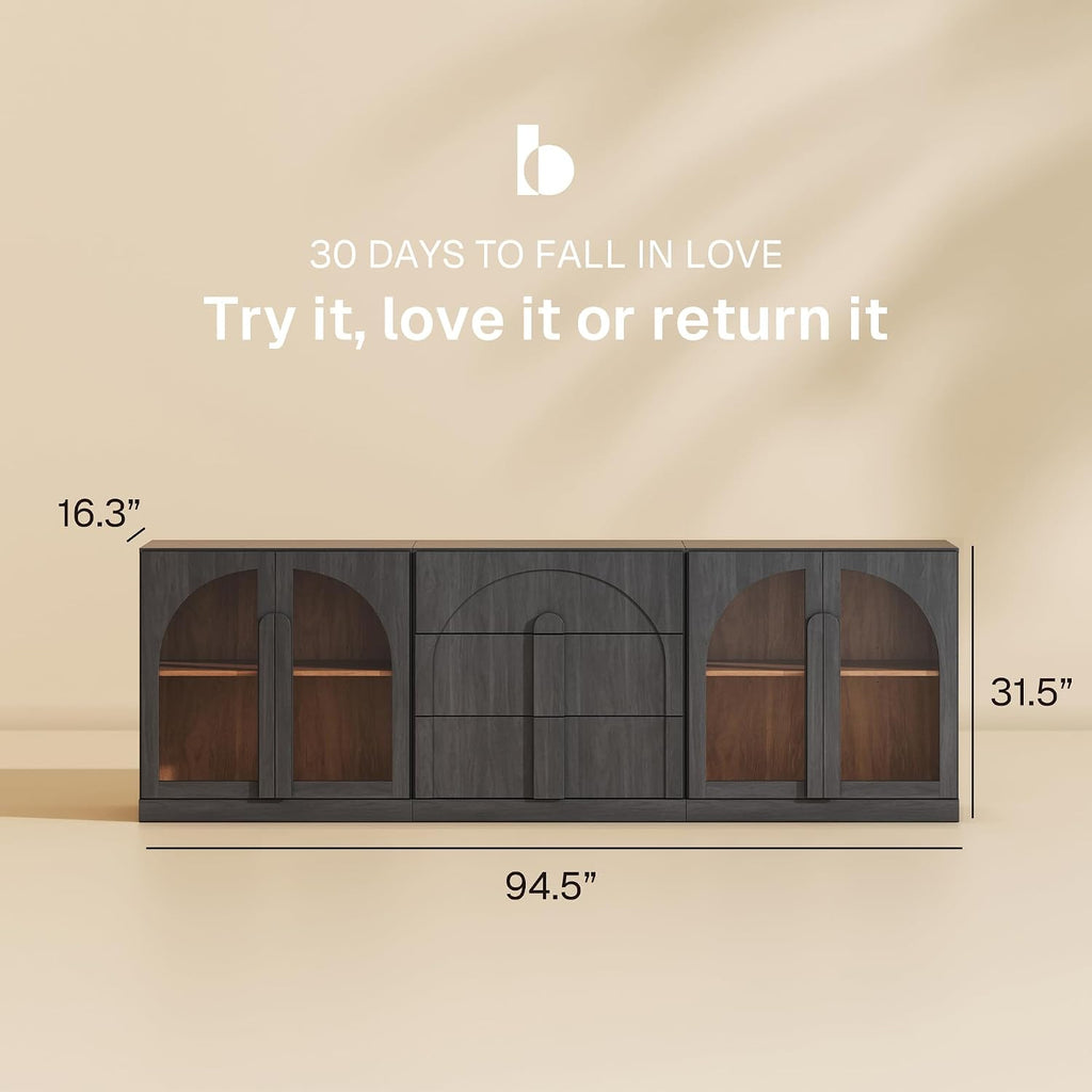 BELLEZE 3-Piece Modular Sideboard Cabinet Freely Configurable, Modern Wood Buffet Cabinet Contain 2 Arched Cabinets and a 3-Drawer Storage, Media Console Credenza for Living Room Kitchen, Ebony