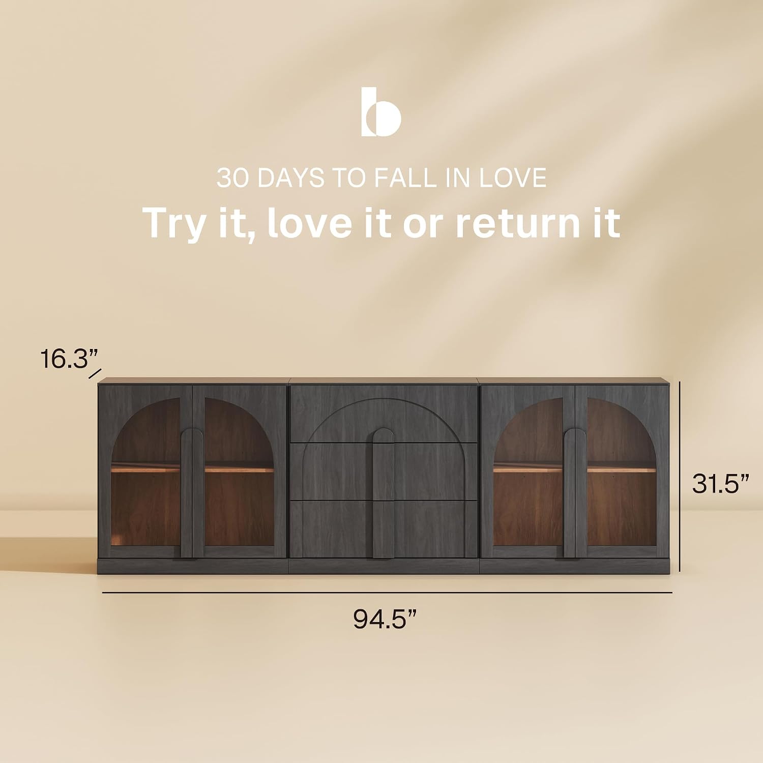 BELLEZE 3-Piece Modular Sideboard Cabinet Freely Configurable, Modern Wood Buffet Cabinet Contain 2 Arched Cabinets and a 3-Drawer Storage, Media Console Credenza for Living Room Kitchen, Ebony
