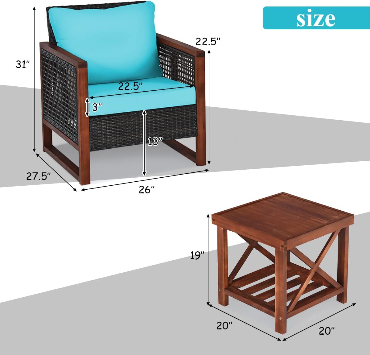 Tangkula 3 Pieces Patio Wicker Furniture Set, Rattan Outdoor Sofa Set w/Washable Cushion & Acacia Wood Coffee Table, Conversation Bistro Set for Garden Balcony Backyard (Turquoise)