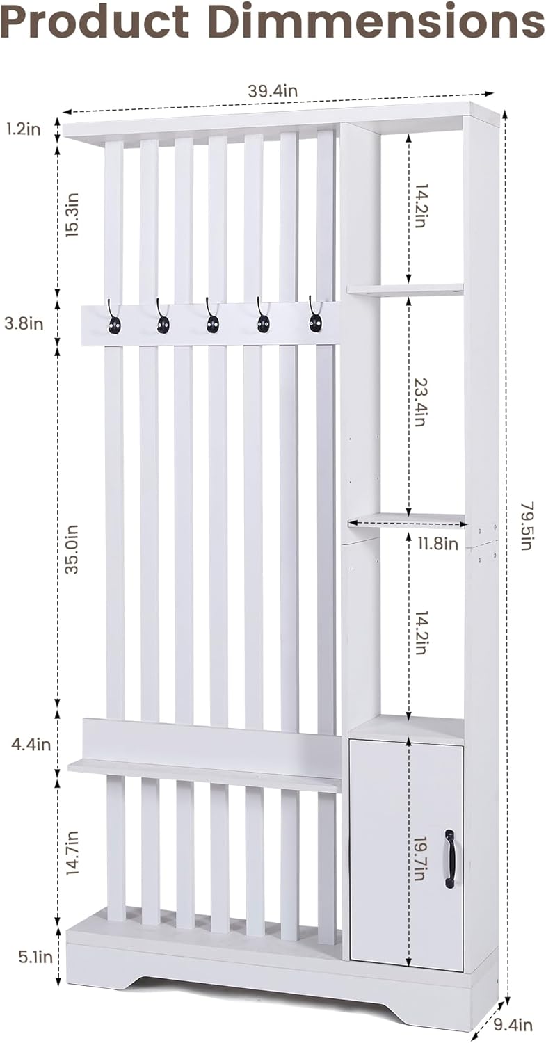 Room Divider with Shelves, Wall Room Divider Bookshelf, Freestanding Wood Privacy Screen with Storage Cabinet, Coat Rack, Display Shelf for Living Room Separation, Home Office Decorative (White)