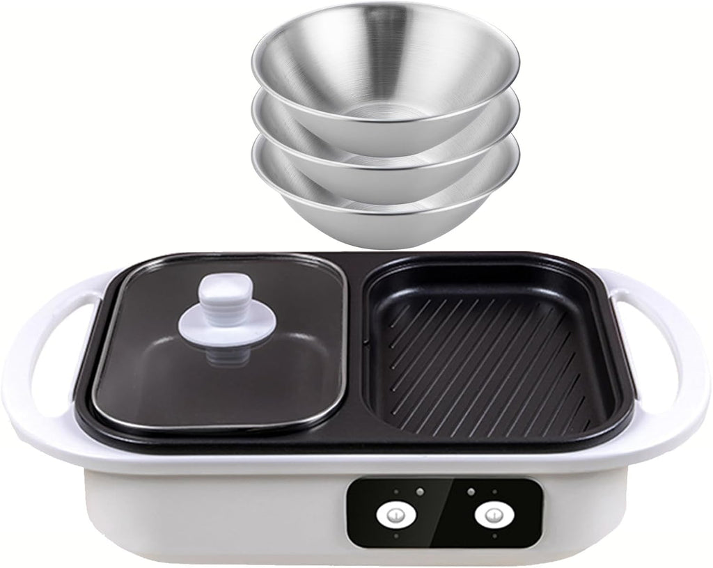 Electric Shabu Hot Pot & Barbecue Frying Pan with Distributor + 3 Salad Bowls, Electric Contact Grills Non-stick Multi-Cookers 1300w Hot Pot Barbecue Integrated Pot,White