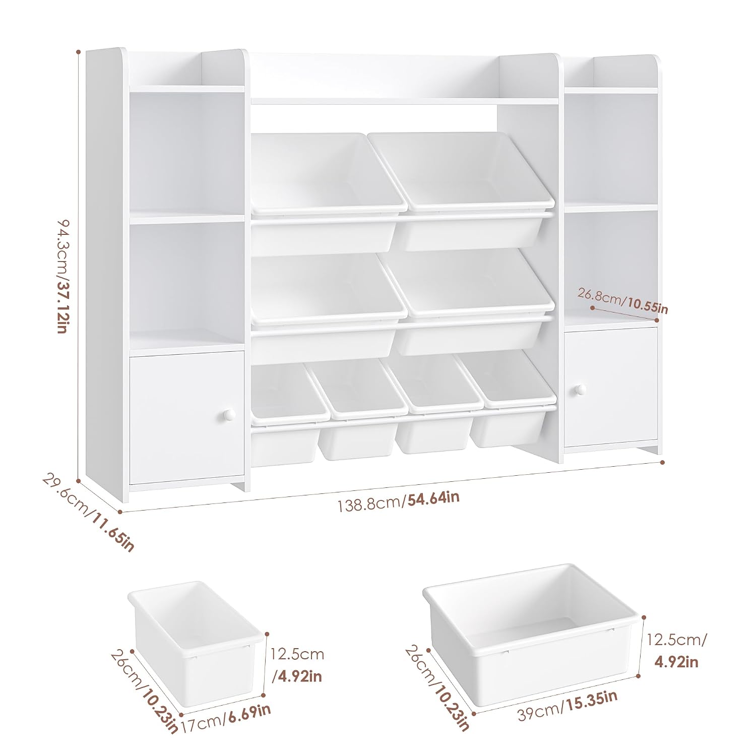 FOTOSOK Toy Storage Organizer with 8 Toy Bins, 55''Large Toy Organizers and Storage with Top Shelf, Toy Storage and Kids Bookshelf with 6 Storage Cubbies, Playroom Storage and Organization Bins, White