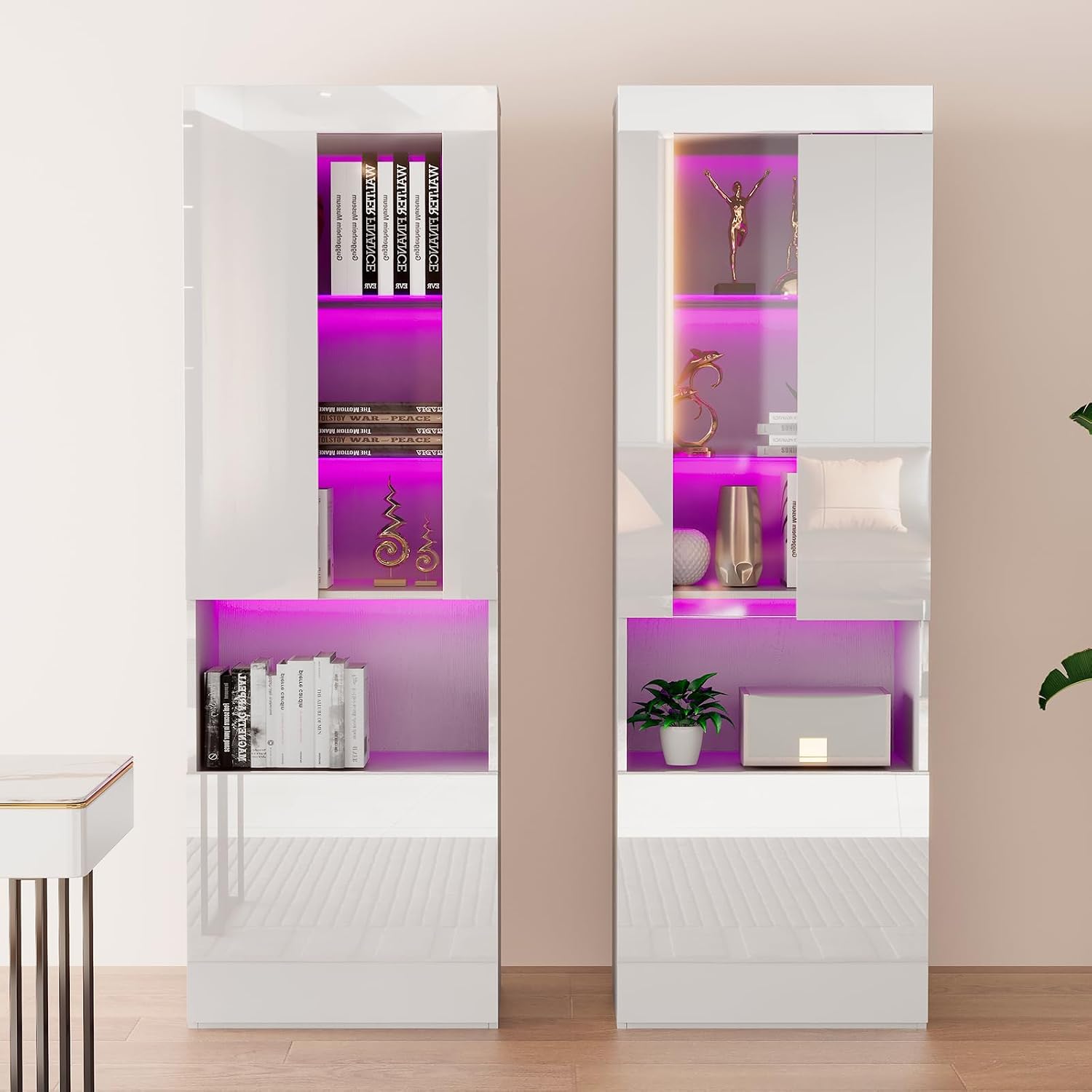 AMERLIFE 2 Piece 71in Tall Bookcase Storage Cabinet with Glass Doors, Modern High Gloss LED Bookshelf Display with 5 Tiers for Storage & Adjustable Glass Shelves for Living Room, Office, White