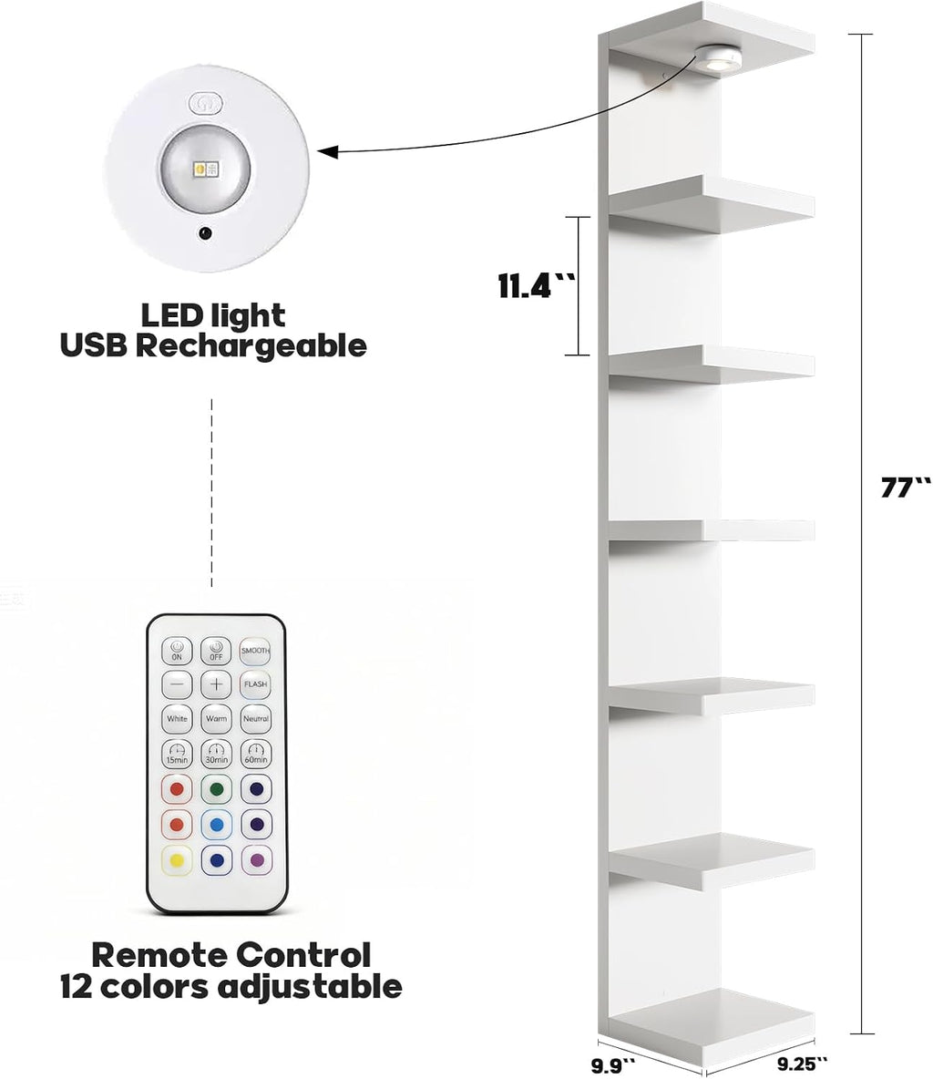 2 Pack-7 Tier Vertical Wall Shelf Unit with USB Rechargeable LED Light (Remote Controlled),Floating Lack Shelf,Versatile Display Shelves for Home Storage, Decor,Vanity-White