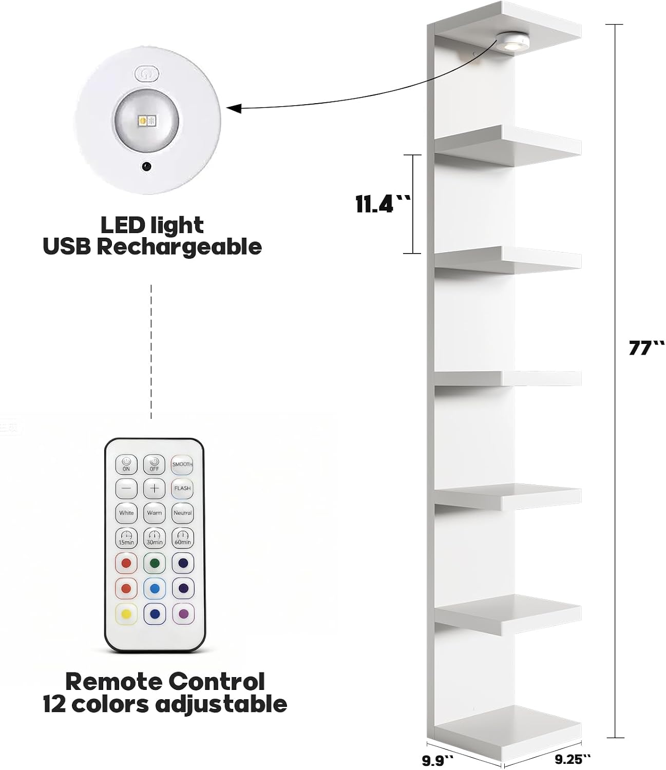 2 Pack-7 Tier Vertical Wall Shelf Unit with USB Rechargeable LED Light (Remote Controlled),Floating Lack Shelf,Versatile Display Shelves for Home Storage, Decor,Vanity-White