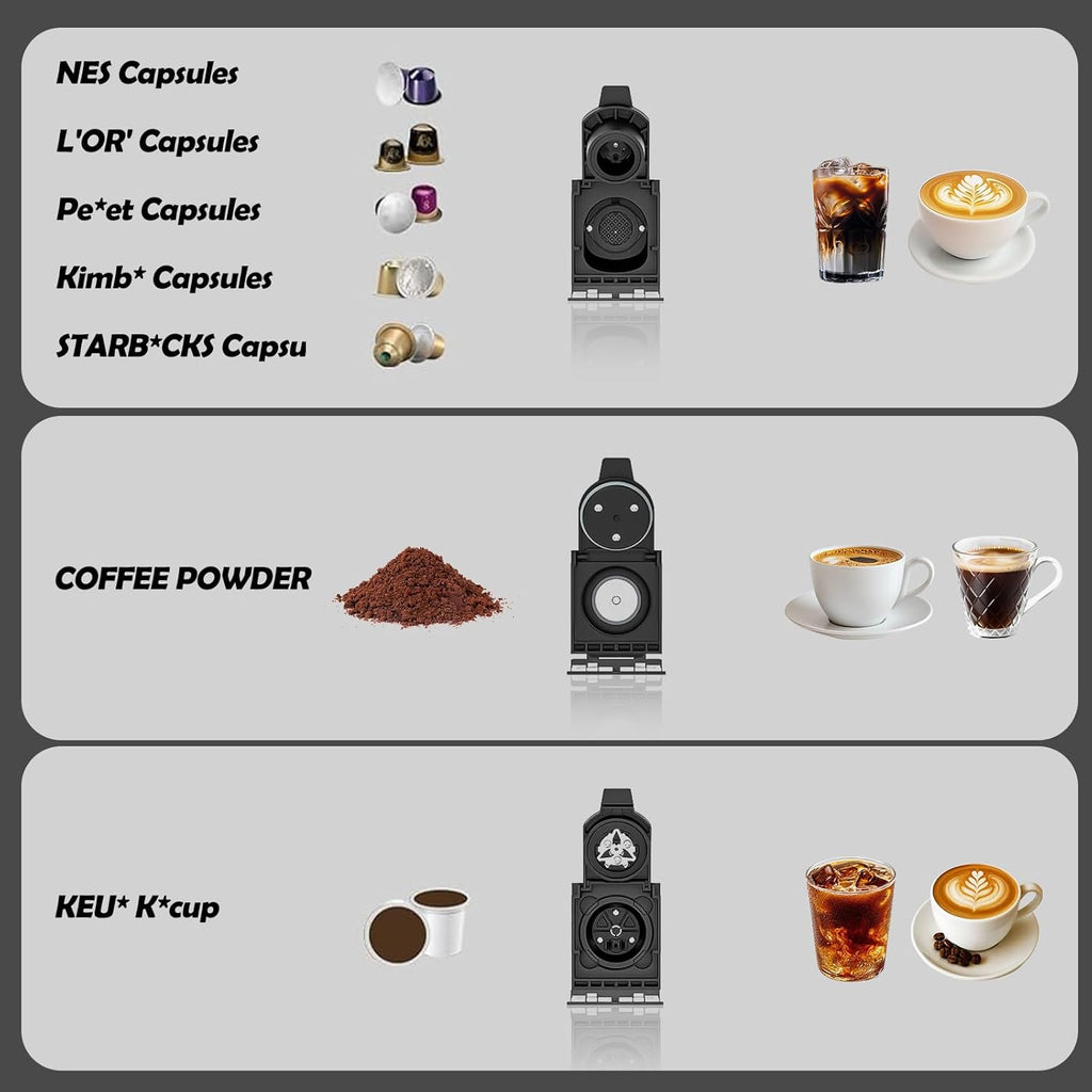 PULZO Espresso Machine with Integrated Automatic Milk Frother, capsule coffee maker for K*cup capsule/Ne*s Original/coffee powder, One Touch Latte & Cappuccino
